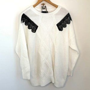 Lane Bryant white sweater with black lace detail